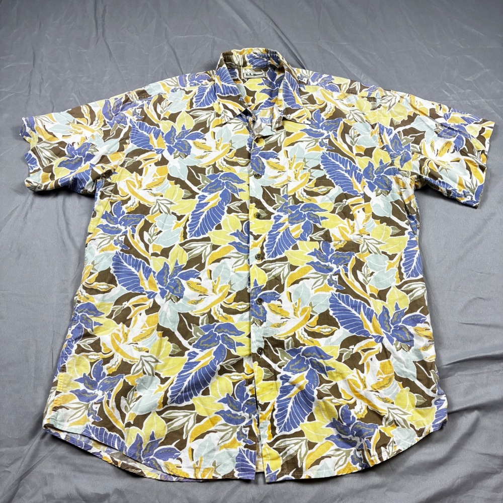 LL Bean Camp Collar Shirt L Multicolor AOP Tropical Floral Cotton Short Sleeve